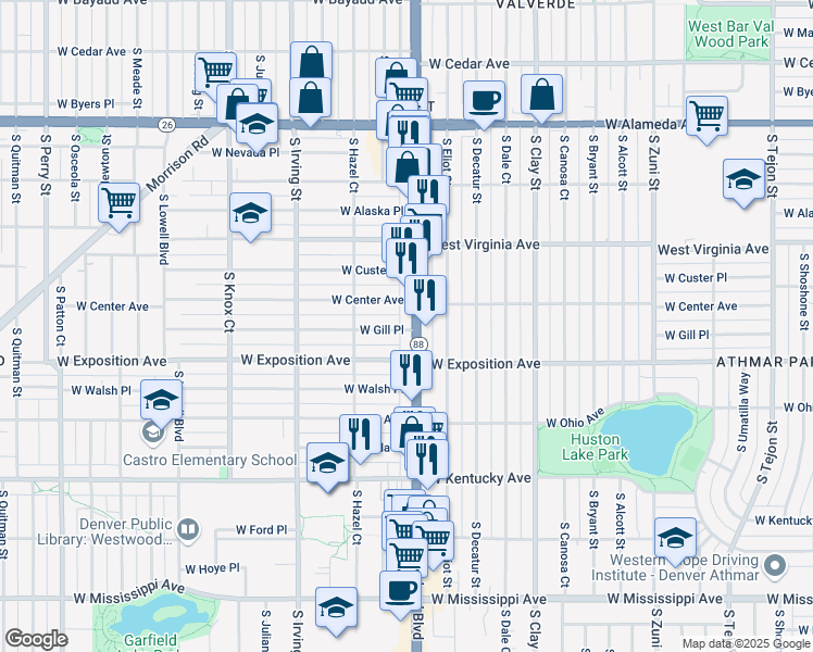 map of restaurants, bars, coffee shops, grocery stores, and more near 3003 West Gill Place in Denver