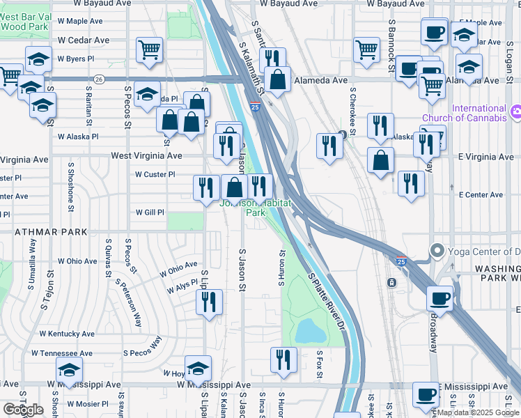 map of restaurants, bars, coffee shops, grocery stores, and more near 610 South Jason Street in Denver