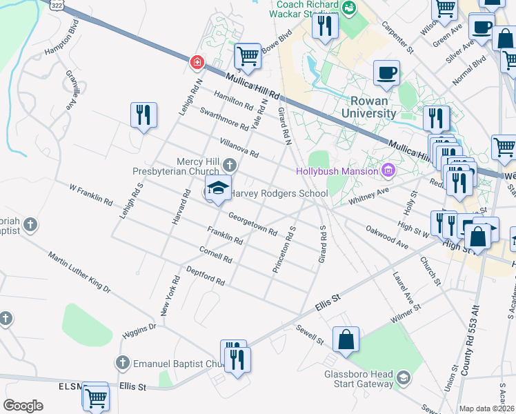 map of restaurants, bars, coffee shops, grocery stores, and more near 202 Dickinson Road in Glassboro