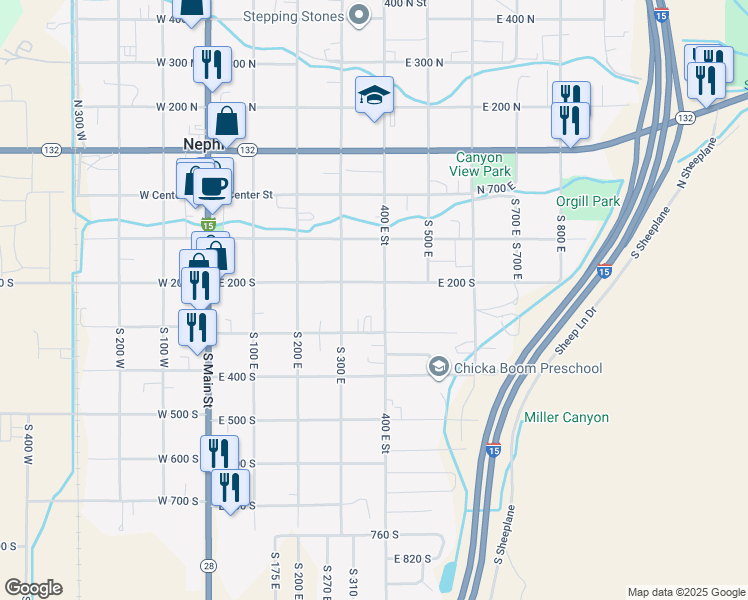 map of restaurants, bars, coffee shops, grocery stores, and more near 340 East 200 South in Nephi