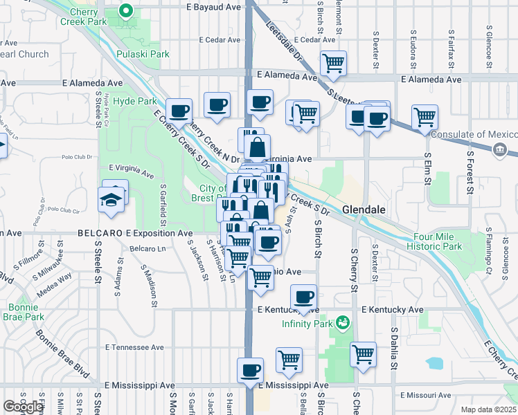 map of restaurants, bars, coffee shops, grocery stores, and more near 640 South Colorado Boulevard in Denver