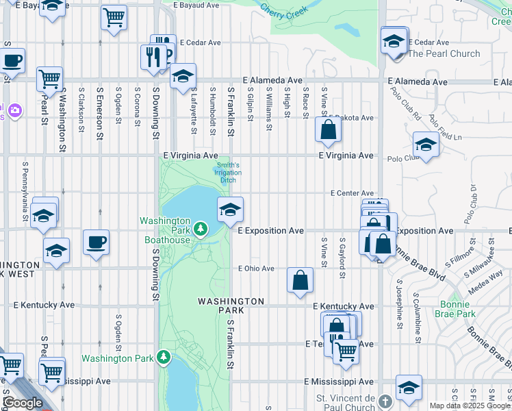 map of restaurants, bars, coffee shops, grocery stores, and more near 630 South Gilpin Street in Denver