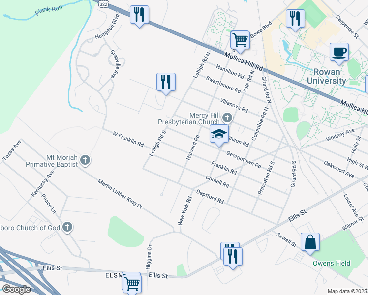 map of restaurants, bars, coffee shops, grocery stores, and more near 405 Franklin Road in Glassboro