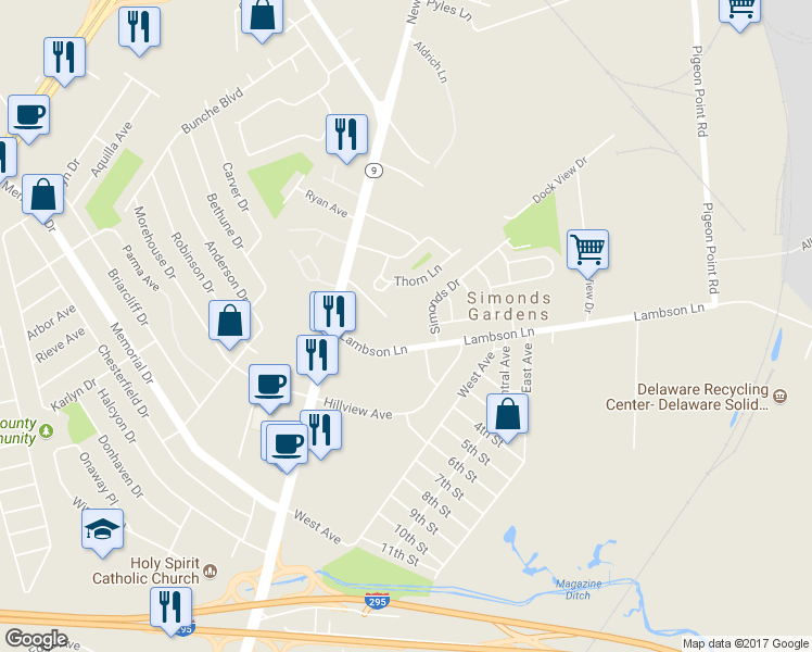 map of restaurants, bars, coffee shops, grocery stores, and more near 17 Downing Court in New Castle