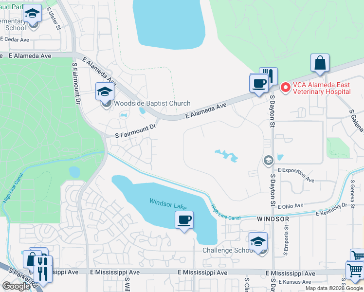 map of restaurants, bars, coffee shops, grocery stores, and more near 505 South Alton Way in Denver