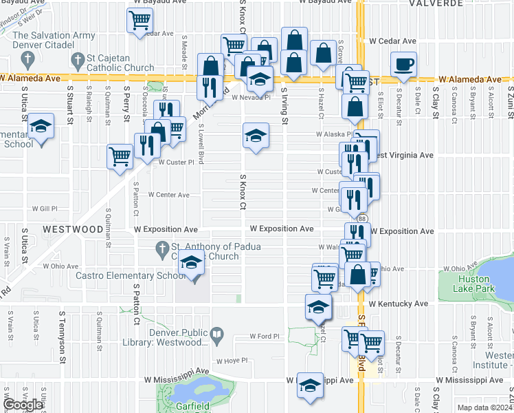 map of restaurants, bars, coffee shops, grocery stores, and more near 3413 West Gill Place in Denver