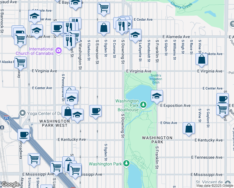 map of restaurants, bars, coffee shops, grocery stores, and more near 632 South Corona Street in Denver
