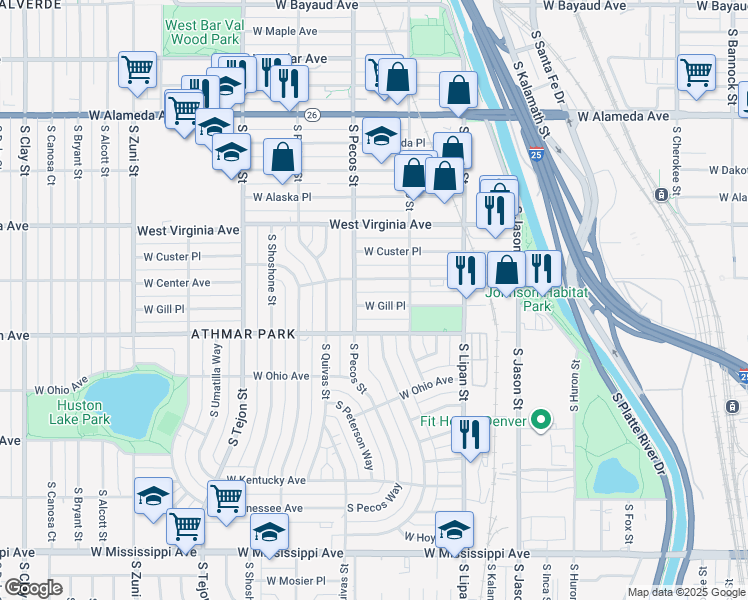 map of restaurants, bars, coffee shops, grocery stores, and more near 624 South Pecos Street in Denver