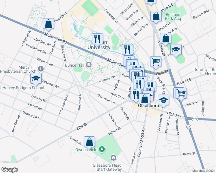 map of restaurants, bars, coffee shops, grocery stores, and more near 416 Victoria Avenue in Glassboro