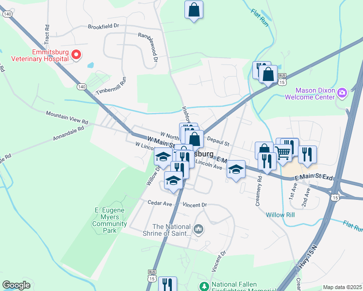 map of restaurants, bars, coffee shops, grocery stores, and more near 104 West Main Street in Emmitsburg