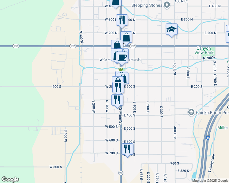 map of restaurants, bars, coffee shops, grocery stores, and more near 246 South Main Street in Nephi