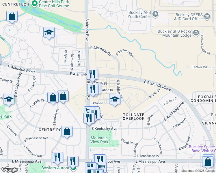 map of restaurants, bars, coffee shops, grocery stores, and more near South Buckley Road in Aurora