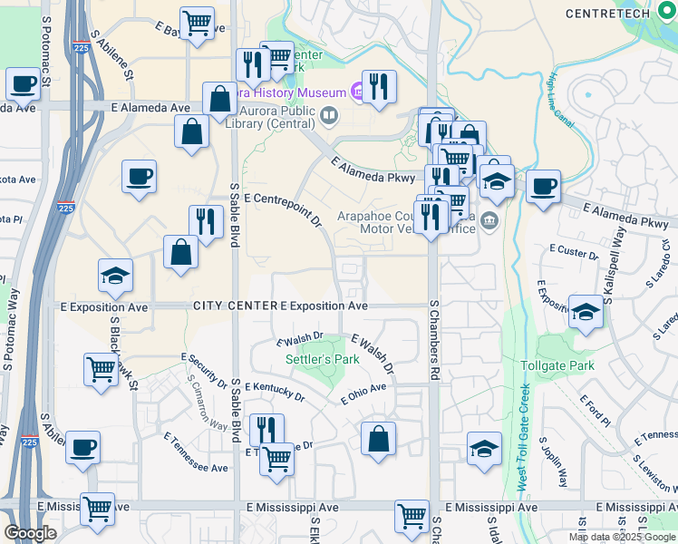 map of restaurants, bars, coffee shops, grocery stores, and more near in Aurora