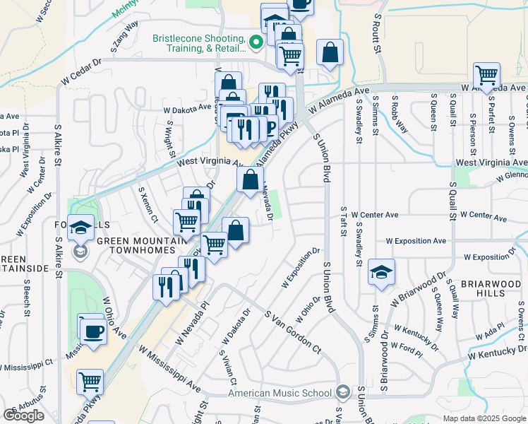map of restaurants, bars, coffee shops, grocery stores, and more near 12145 West Nevada Drive in Lakewood