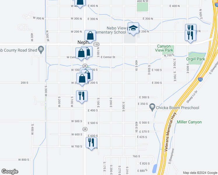 map of restaurants, bars, coffee shops, grocery stores, and more near 236 South 200 East in Nephi