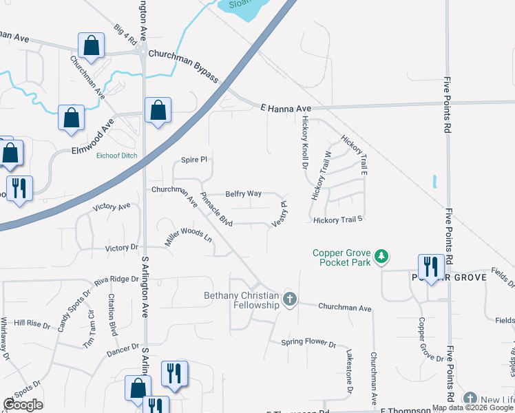 map of restaurants, bars, coffee shops, grocery stores, and more near 6345 Colonnade Court in Indianapolis