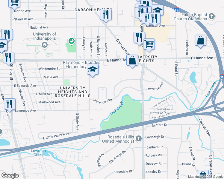map of restaurants, bars, coffee shops, grocery stores, and more near 4213 South Randolph Street in Indianapolis