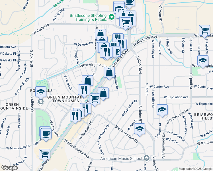 map of restaurants, bars, coffee shops, grocery stores, and more near 12190 West Alameda Parkway in Lakewood