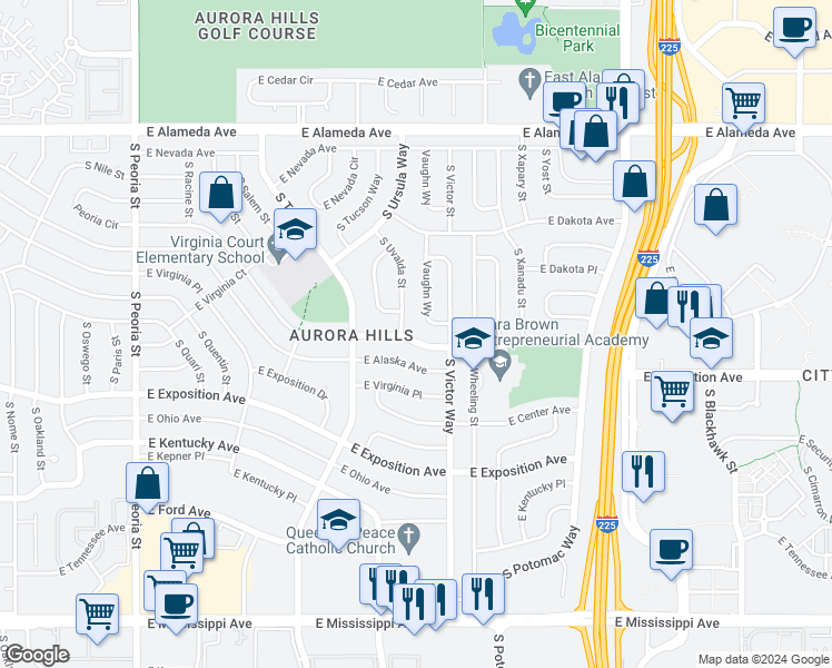 map of restaurants, bars, coffee shops, grocery stores, and more near 13131 East Alaska Place in Aurora