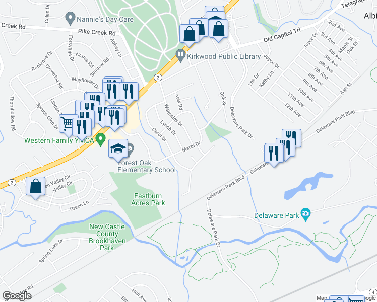 map of restaurants, bars, coffee shops, grocery stores, and more near 57 Marta Drive in Wilmington