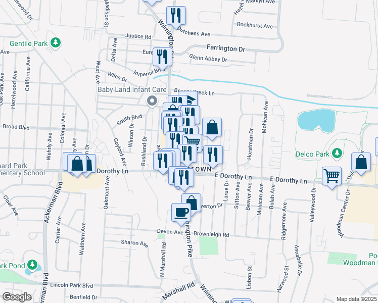 map of restaurants, bars, coffee shops, grocery stores, and more near 2900 Wilmington Pike in Kettering