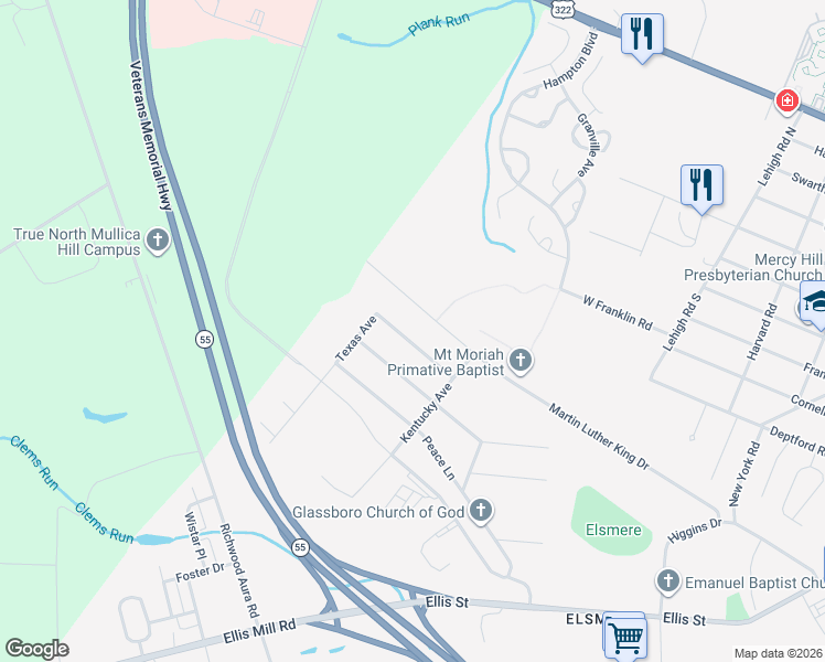 map of restaurants, bars, coffee shops, grocery stores, and more near 401 Honeymoon Road in Glassboro