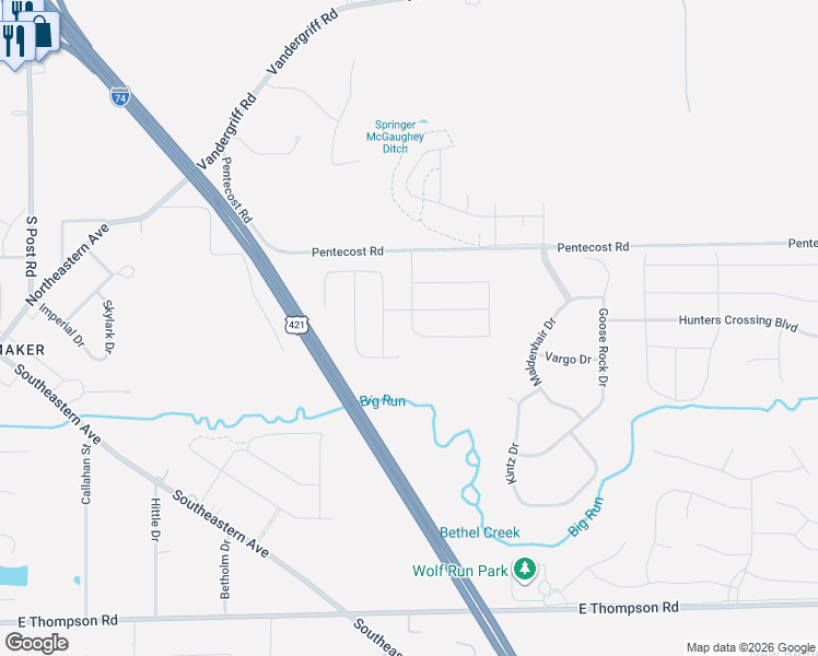 map of restaurants, bars, coffee shops, grocery stores, and more near 4340 Indigo Run Drive in Indianapolis
