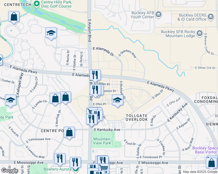 map of restaurants, bars, coffee shops, grocery stores, and more near South Buckley Road in Aurora