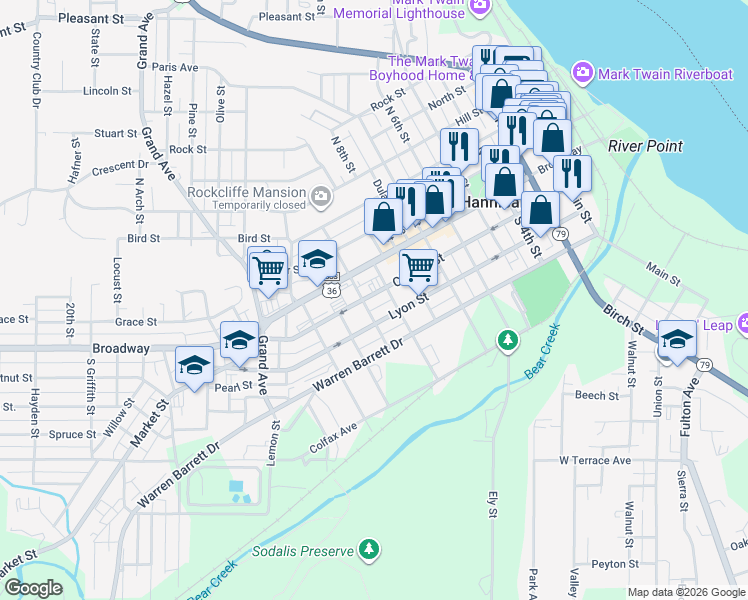 map of restaurants, bars, coffee shops, grocery stores, and more near 909 Church Street in Hannibal