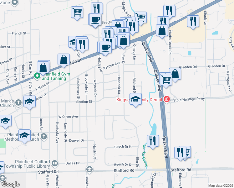 map of restaurants, bars, coffee shops, grocery stores, and more near 329 Hancook Road in Plainfield