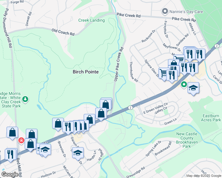 map of restaurants, bars, coffee shops, grocery stores, and more near 41 Upper Pike Creek Road in Newark