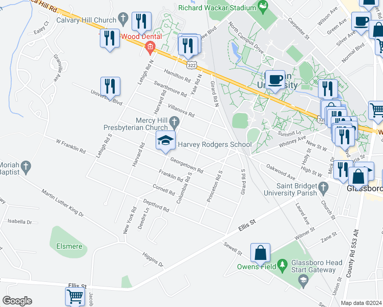 map of restaurants, bars, coffee shops, grocery stores, and more near 206 Dickinson Road in Glassboro