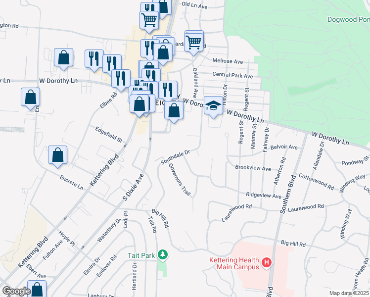 map of restaurants, bars, coffee shops, grocery stores, and more near 3175 Southdale Drive in Dayton