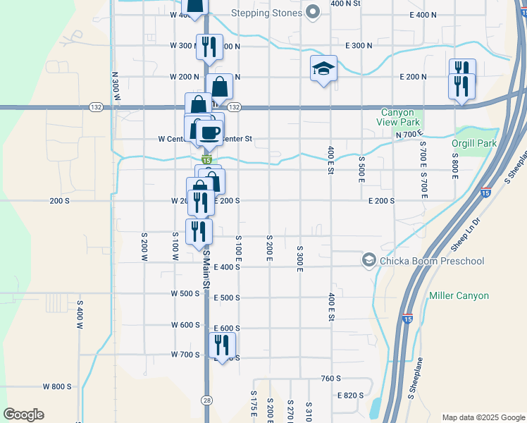 map of restaurants, bars, coffee shops, grocery stores, and more near 236 South 200 East in Nephi