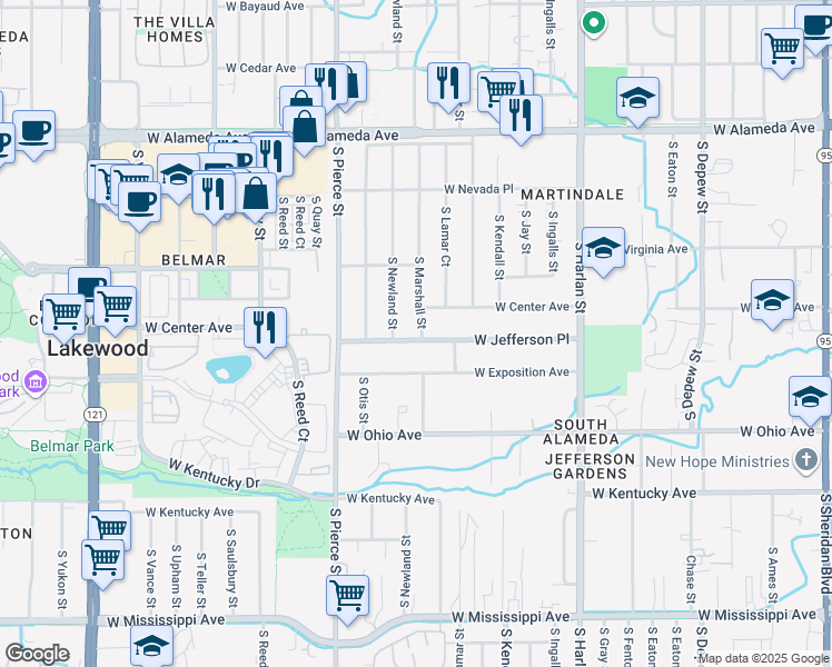 map of restaurants, bars, coffee shops, grocery stores, and more near 591 South Marshall Street in Lakewood