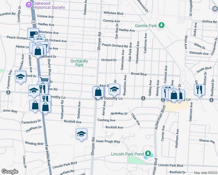 map of restaurants, bars, coffee shops, grocery stores, and more near 558 East Drive in Dayton