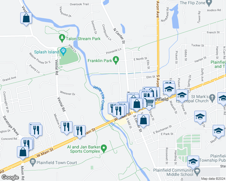 map of restaurants, bars, coffee shops, grocery stores, and more near 235 Mill Run Drive in Plainfield