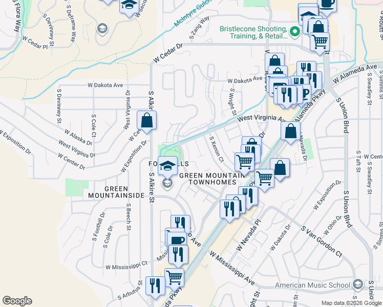 map of restaurants, bars, coffee shops, grocery stores, and more near 606 South Youngfield Court in Lakewood