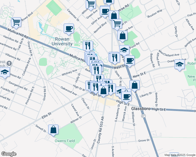 map of restaurants, bars, coffee shops, grocery stores, and more near Rowan Boulevard in Glassboro