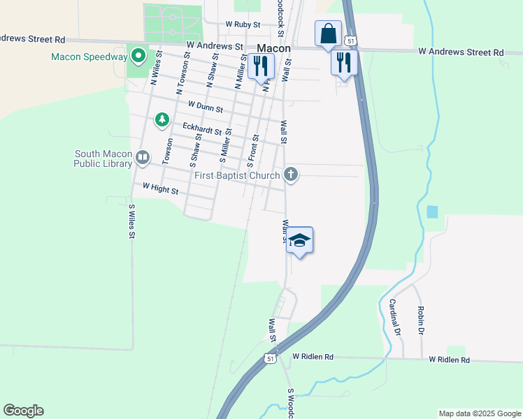 map of restaurants, bars, coffee shops, grocery stores, and more near 101 East Hight Street in Macon