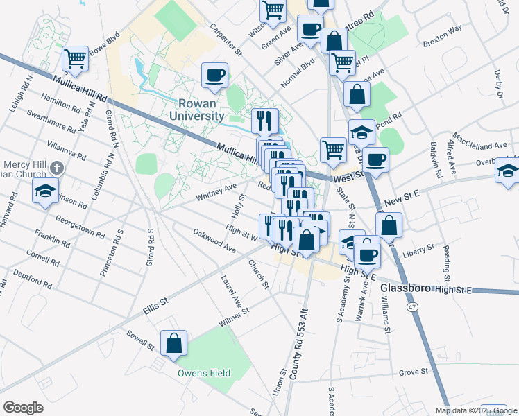 map of restaurants, bars, coffee shops, grocery stores, and more near 313 Victoria Street in Glassboro