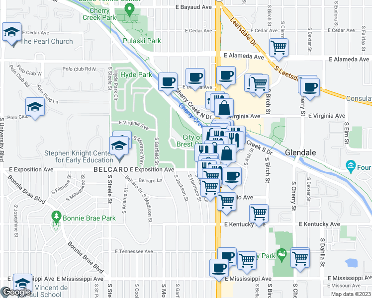 map of restaurants, bars, coffee shops, grocery stores, and more near South Harrison Street in Denver