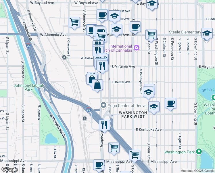 map of restaurants, bars, coffee shops, grocery stores, and more near 633 South Lincoln Street in Denver