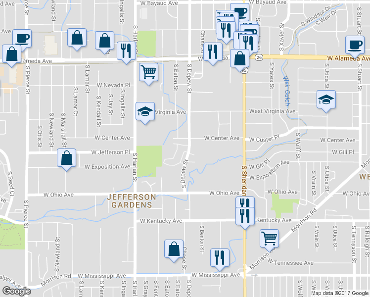 map of restaurants, bars, coffee shops, grocery stores, and more near 701 South Depew Street in Lakewood