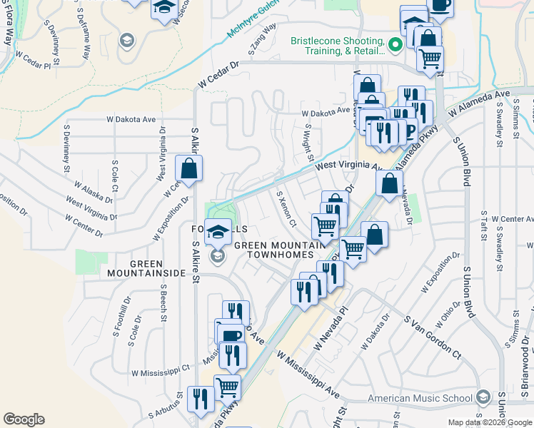 map of restaurants, bars, coffee shops, grocery stores, and more near 12928 West Virginia Avenue in Lakewood