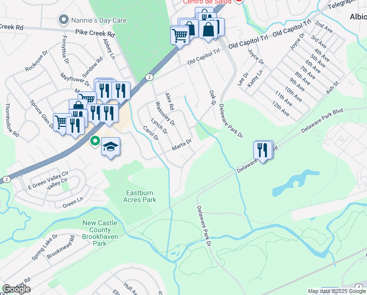 map of restaurants, bars, coffee shops, grocery stores, and more near 57 Marta Drive in Wilmington