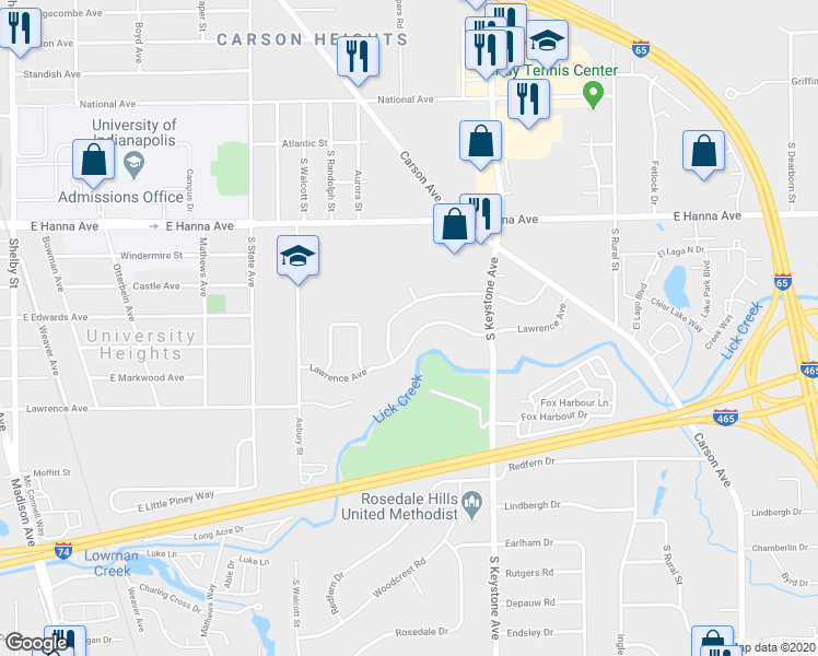 map of restaurants, bars, coffee shops, grocery stores, and more near 2112 Lawrence Avenue in Indianapolis