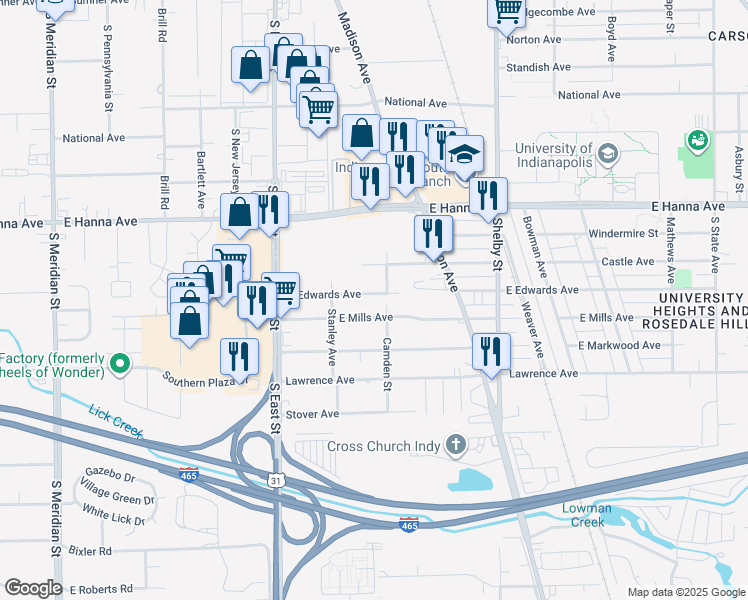 map of restaurants, bars, coffee shops, grocery stores, and more near 836 East Mills Avenue in Indianapolis