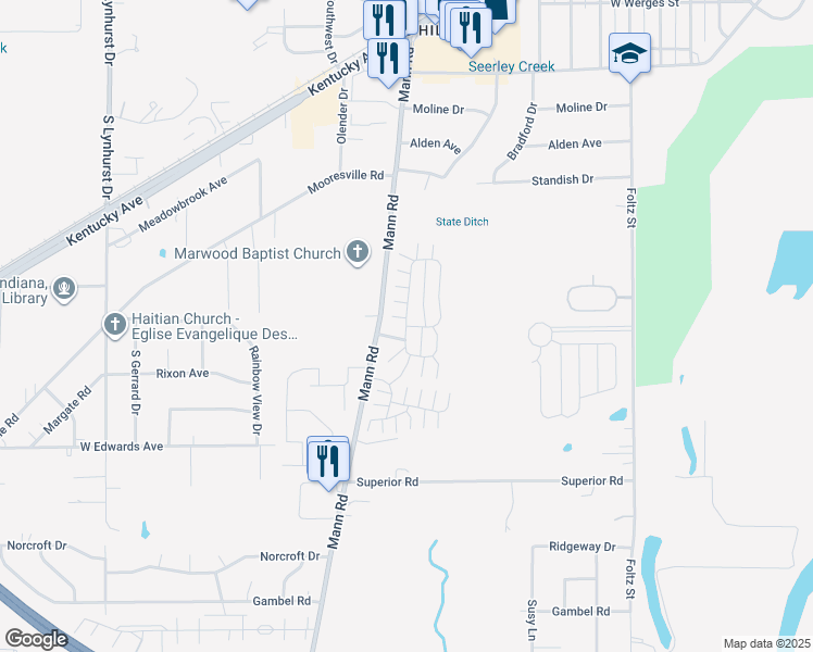 map of restaurants, bars, coffee shops, grocery stores, and more near 4034 Mann Village Street in Indianapolis