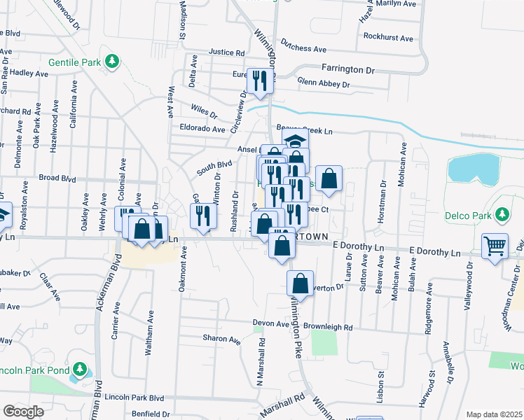 map of restaurants, bars, coffee shops, grocery stores, and more near Jaybee Court in Dayton
